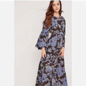 FREE PEOPLE Melrose Blue Grey Floral Angel Sleeve Maxi Dress size 4